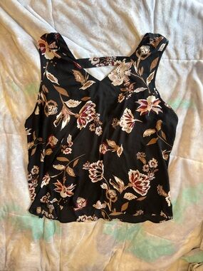 Maurices Black Floral Crisscross Tank with Cream, Brown and Deep Pink Accents